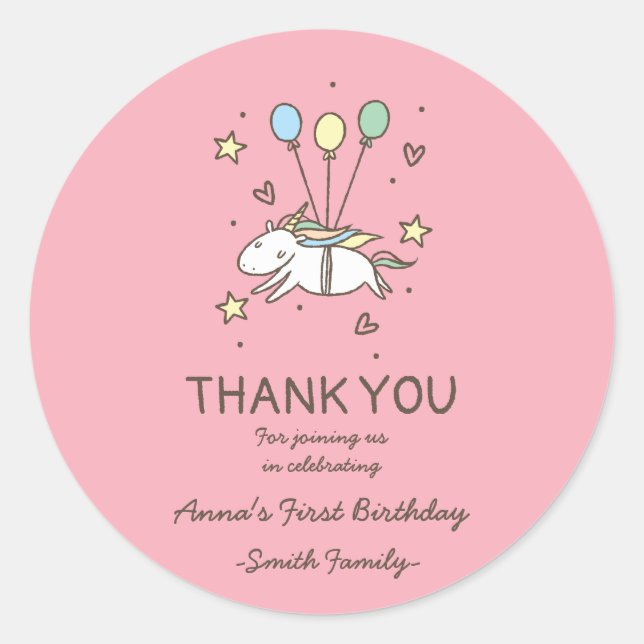 Adesivo Redondo Belo Unicórnio em Laurels. Aniversário. Obrigado. (Frente)