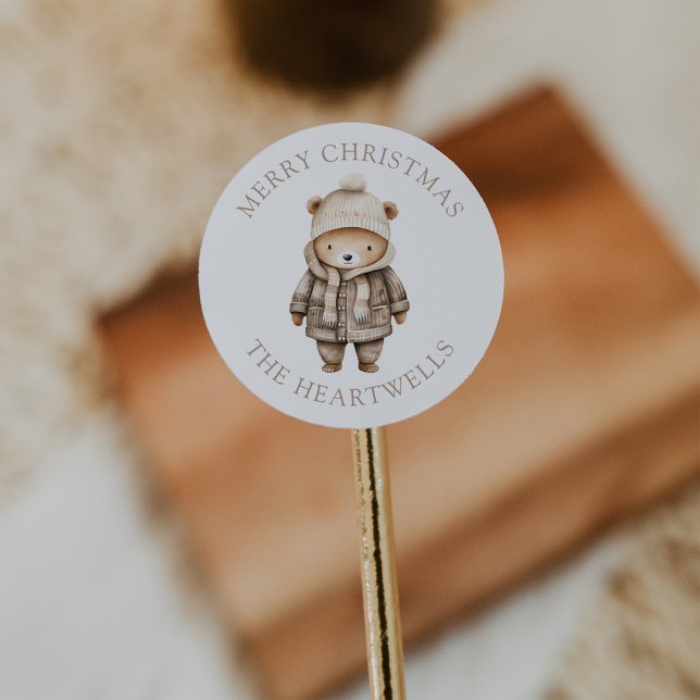 Adesivo Redondo Belo Urso de Aquarela Personalizado Feliz Natal (Criador carregado)