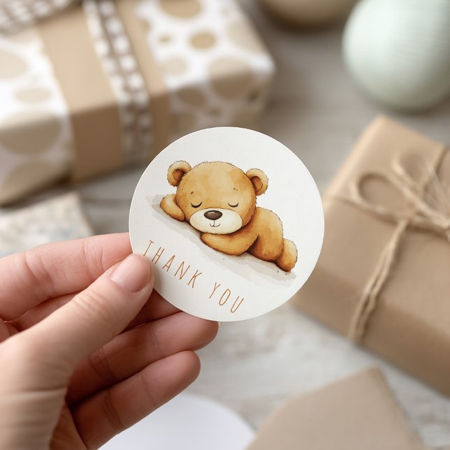 Adesivo Redondo Belo Urso Dormindo Aquarela Obrigado (Charming thank you sticker features an adorable sleeping teddy bear illustration.)