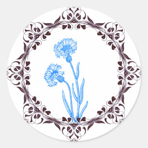 Adesivo Redondo "Belo Vinheta Azul Flores