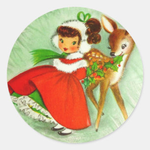 Adesivo Redondo Belos Natais vintages Reindeer & Girl