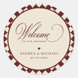 Adesivo Redondo Bem-vindo ao Casamento Retro em Marfim e Borgonha