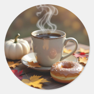 Adesivo Redondo Bênçãos de Outono, Café Quente e um Donut