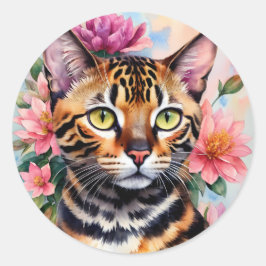Adesivo Redondo Bengal Cat Floral Art