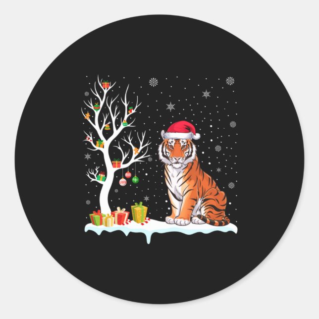 Adesivo Redondo Bengal Tiger Santa Hat Festive Tree Light Christma (Frente)