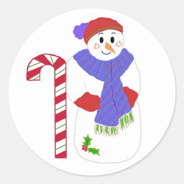 Adesivo Redondo Bengala de Natal e Boneco de Neve Alegre (Frente)