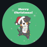 Adesivo Redondo Bernese Merry Christmas Happy Christmas Dogs Class<br><div class="desc">The Bernese Sennenhund for Christmas with fairy lights. Funny animals with gifts for the holidays. Also funny for Christmas in July. Dog are sweet animals and perfect for Christmas.</div>