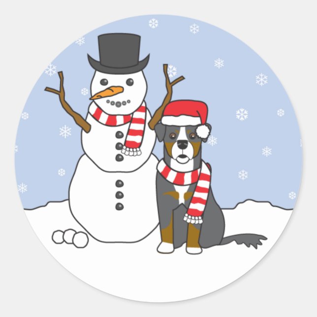 Adesivo Redondo Bernese Mountain Dog e Snowman (Frente)