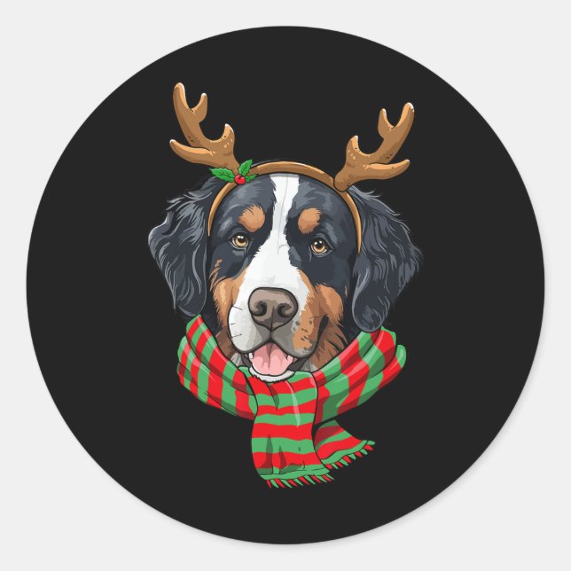 Adesivo Redondo Bernese Mountain Dog Reindeer Santa Hat (Frente)