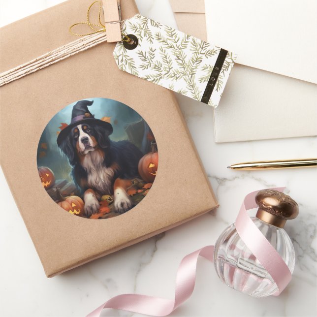 Adesivo Redondo Bernese Mountain Pumpkins Halloween Assustado (Presentear)