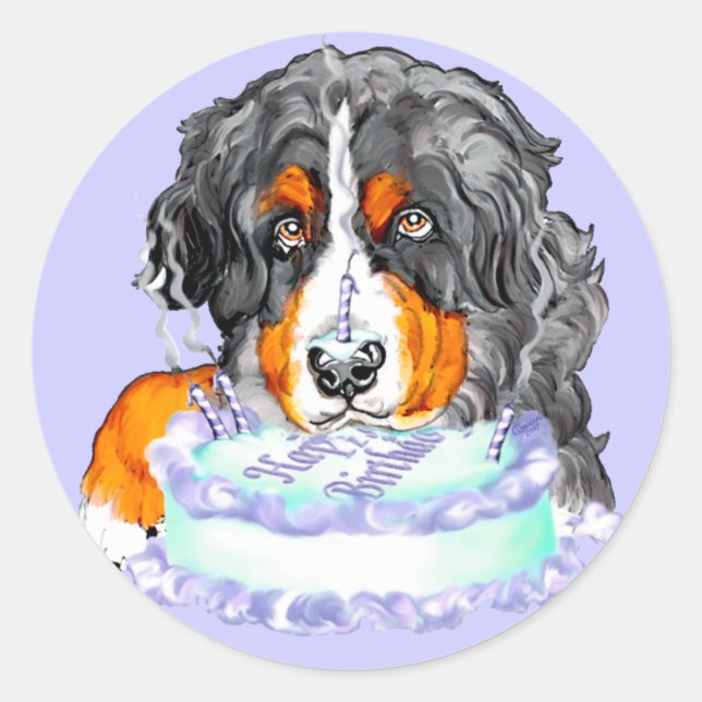 Adesivo Redondo Bernese Mt Dog Cake Face Aniversário (Frente)