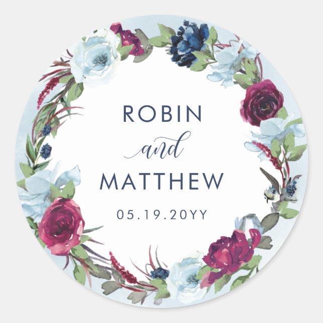 Adesivo Redondo Berry, Blue Burgundy Floral Favor/ Envelope Seal (Frente)