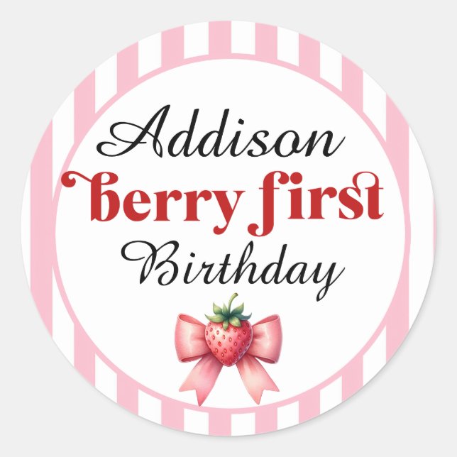 Adesivo Redondo Berry First Birthday Strawberry e arco (Frente)