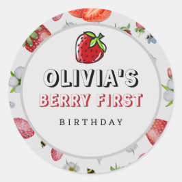 Adesivo Redondo Berry First Birthday Strawberry Festa de aniversár