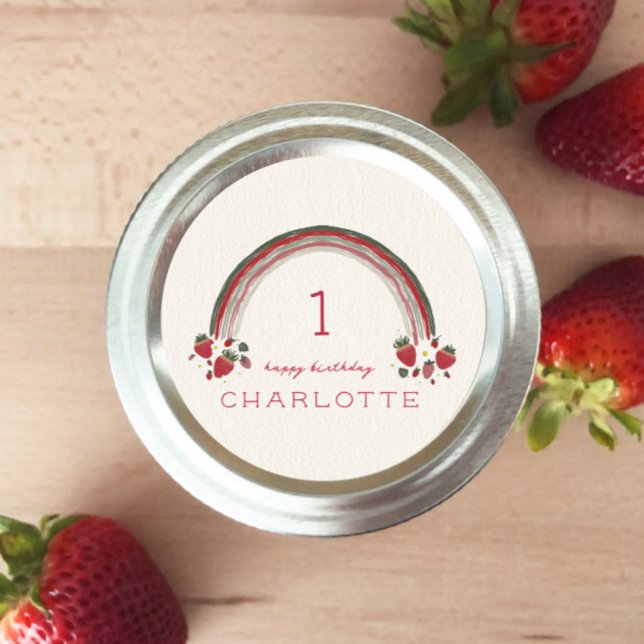 Adesivo Redondo Berry First Birthday Strawberry Floral Rainbow (Criador carregado)