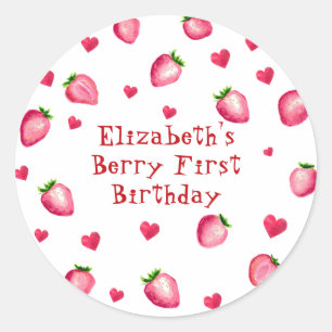 Adesivo Redondo Berry First Birthday Strawberry Party Hearts