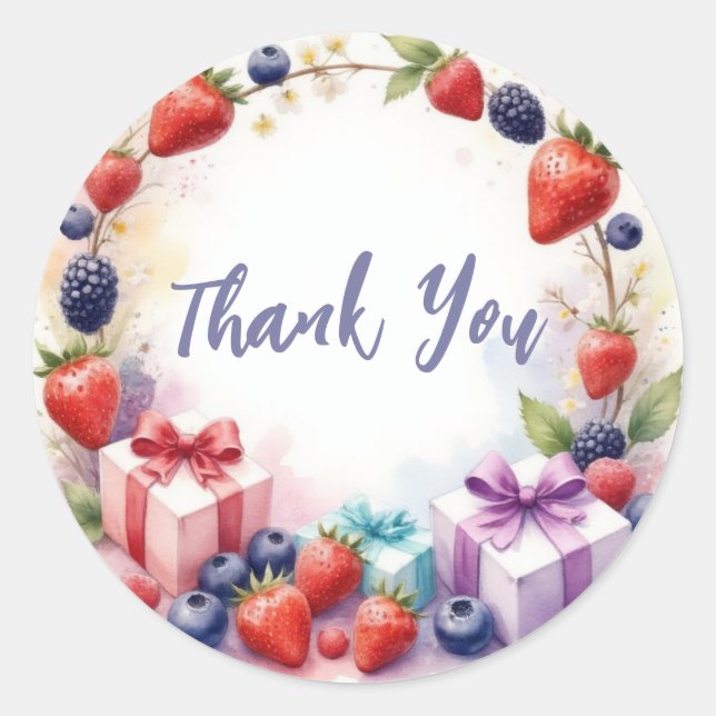 Adesivo Redondo Berry First Birthday Strawberry Party - Obrigado (Frente)