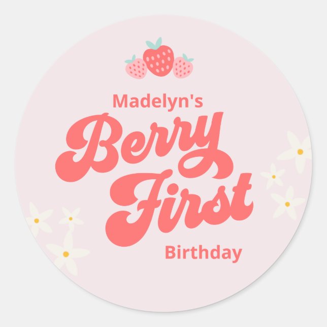 Adesivo Redondo Berry First Birthday Strawberry Pink Round Clássic (Frente)