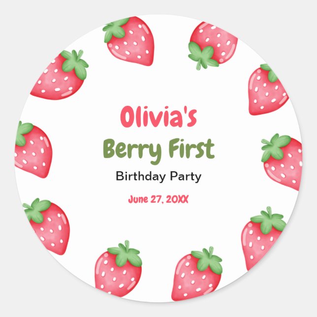Adesivo Redondo Berry First Birthday Strawberry primeiro aniversar (Frente)