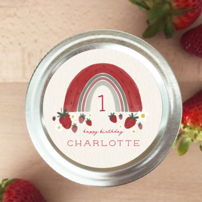 Adesivo Redondo Berry First Birthday Strawberry Rainbow Floral (Criador carregado)