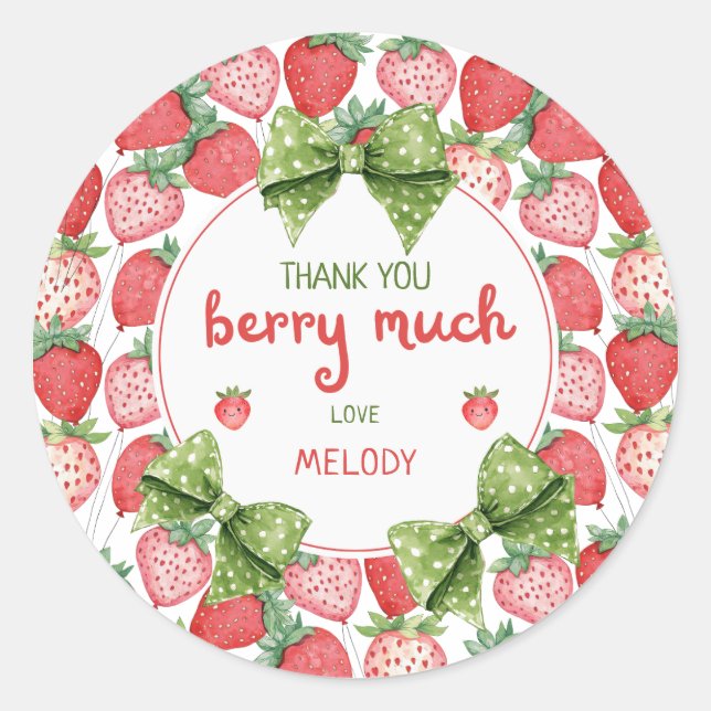 Adesivo Redondo Berry First Birthday Strawberry Thank You (Frente)