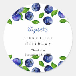 Adesivo Redondo Berry First Birthday Watercolor Blueberry Cute
