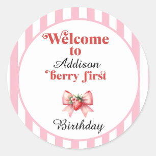 Adesivo Redondo Berry First Strawberry e arco Birthday