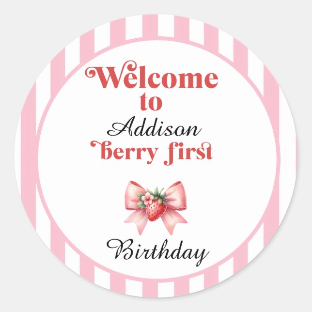 Adesivo Redondo Berry First Strawberry e arco Birthday (Frente)