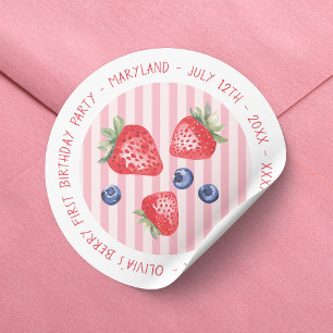 Adesivo Redondo Berry First Strawberry Girl primeiro aniversario P