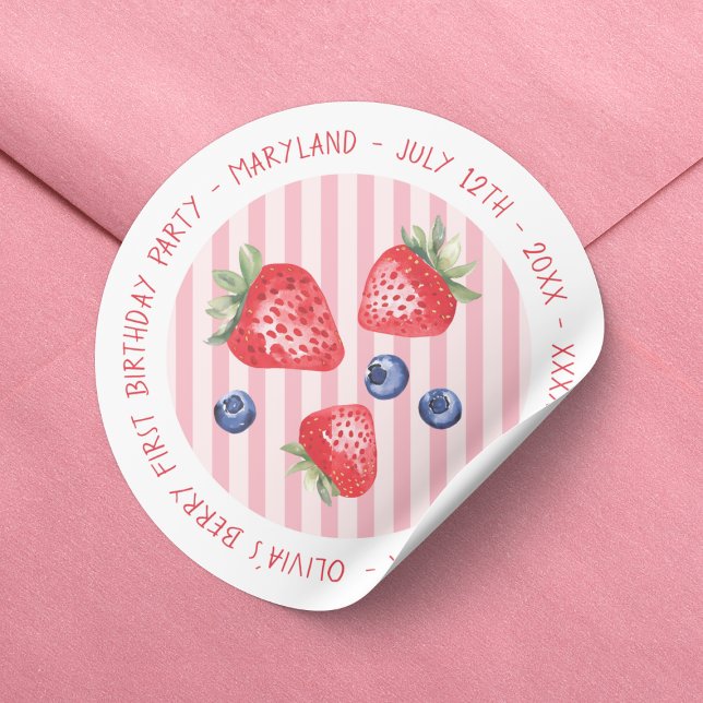 Adesivo Redondo Berry First Strawberry Girl primeiro aniversario P (Strawberries Baby Girl Berry First 1st Birthday Party Classic Round Sticker)