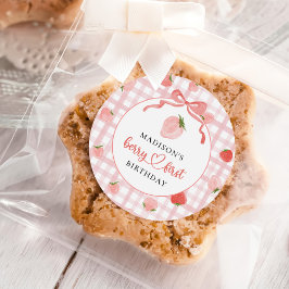 Adesivo Redondo Berry First Strawberry Pink Gingham primeiro anive