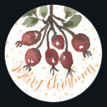 Adesivo Redondo Berry Merry Christmas Sticker<br><div class="desc">Vinhetas natalinas de Rosa de Aquarela pintadas com mão deliciosa. Desejo-lhe um Natal Berry Feliz. Todos os Designs de Criação de Cucumelon são protegidos por direitos autorais.</div>