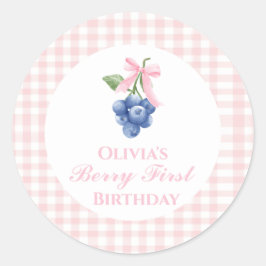 Adesivo Redondo Berry primeiro aniversário de mirtilo laço rosa Gi