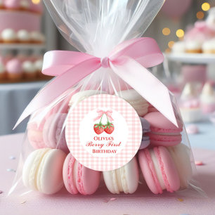Adesivo Redondo Berry primeiro aniversário de morango Laço Rosa Gi