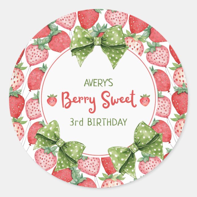 Adesivo Redondo Berry Sweet 3rd Birthday Strawberry Party  (Frente)