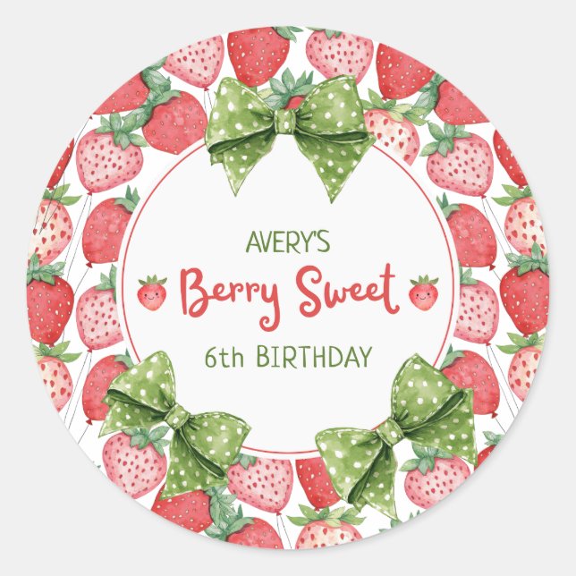 Adesivo Redondo Berry Sweet 6th Birthday Strawberry Party  (Frente)