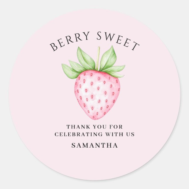 Adesivo Redondo Berry Sweet Pink Strawberry Watercolor Baby Shower (Frente)