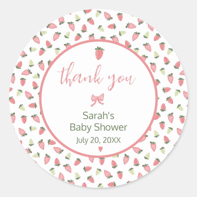 Adesivo Redondo Berry Sweet Strawberry Baby Shower Thank You (Frente)