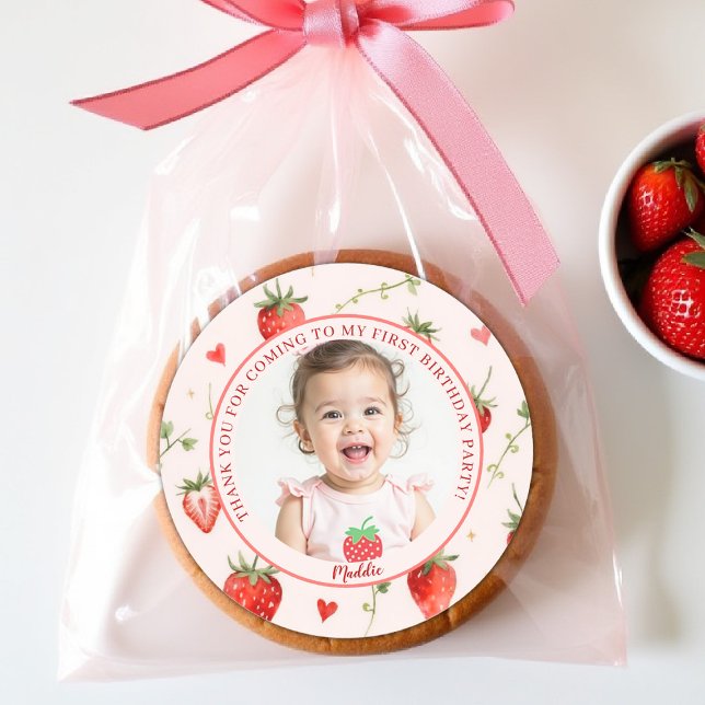 Adesivo Redondo Berry Sweet Strawberry Farmhouse Chic 1st Birthday (berry first birthday party favor thank you sticker girls strawberry 1st watercolor summer farmhouse )