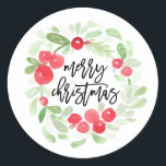 Adesivo Redondo Berry Wreath Felry Christmas Watercolor Script<br><div class="desc">Berry Wreath Feliz Natal Watercolor Stickers que lê "Feliz Natal" numa letra com letra na moda. Apresentando a camada de aquarela exclusiva da NB Paper Co. Utilizar como selo</div>