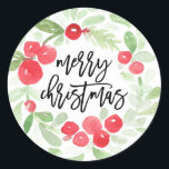 Adesivo Redondo Berry Wreath Merry Christmas Watercolor<br><div class="desc">Berry Wreath Merry Christmas Watercolor</div>
