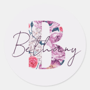 Adesivo Redondo Bethany Baby Name Flower Script Vintage Floral B