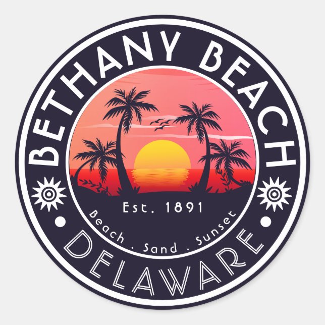 Adesivo Redondo Bethany Beach Delaware Sunset Beach Palm Tree 80s (Frente)