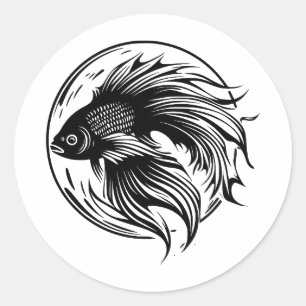 Adesivo Redondo Betta Fish Minimalista: Arte Preta e Branca