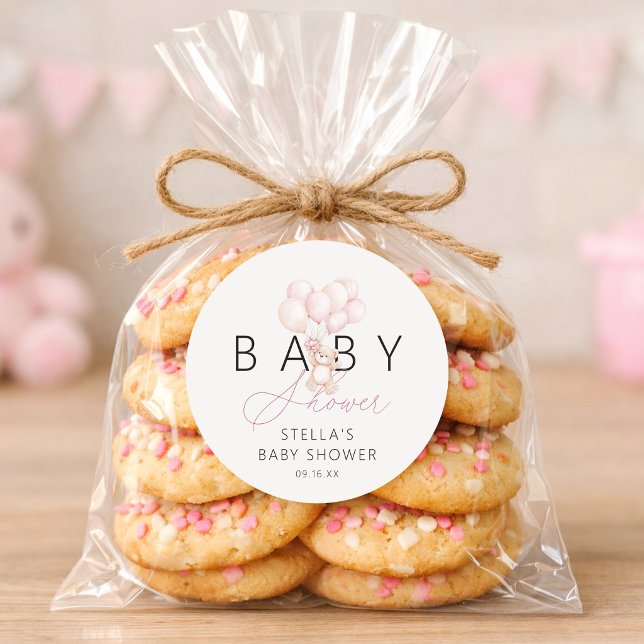 Adesivo Redondo Bexigas de ursinho de pelúcia menina Chá de Bebê (Girl Teddy Bear Balloons Baby Shower Classic Round Sticker)