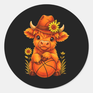 Adesivo Redondo Bezerro de basquete fofo de vaca das Terras Altas