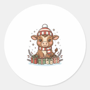 Adesivo Redondo Bezerro de Natal Fofo Com Presentes Vetor Vintage_