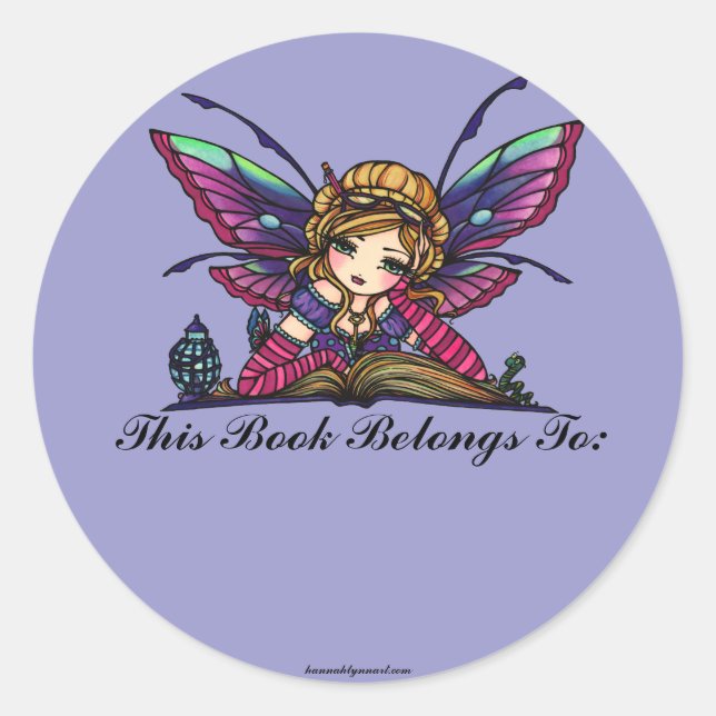 Adesivo Redondo Biblioteca do Bookworm Fairy Fantasy Art Bookplate (Frente)
