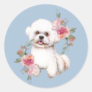 Adesivo Redondo Bichon Bonito com Flores, Aquarela