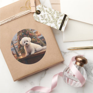 Adesivo Redondo Bichon Frise de Natal Cruise: Férias Pawsome